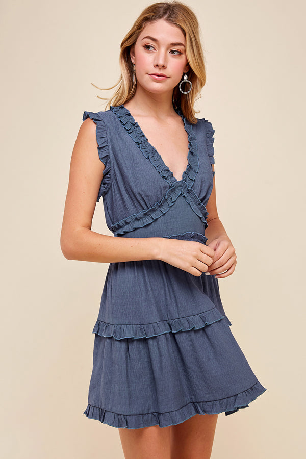 Ruffle Detailed Minidress - Dusty Navy