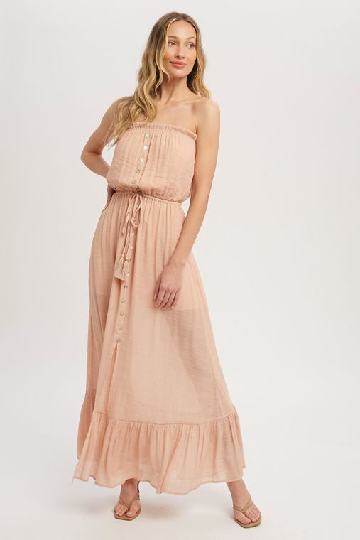 Button Front Tube Maxi Dress- Nude Peach