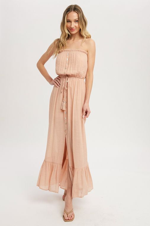 Button Front Tube Maxi Dress- Nude Peach