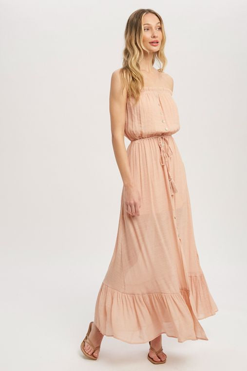 Button Front Tube Maxi Dress- Nude Peach