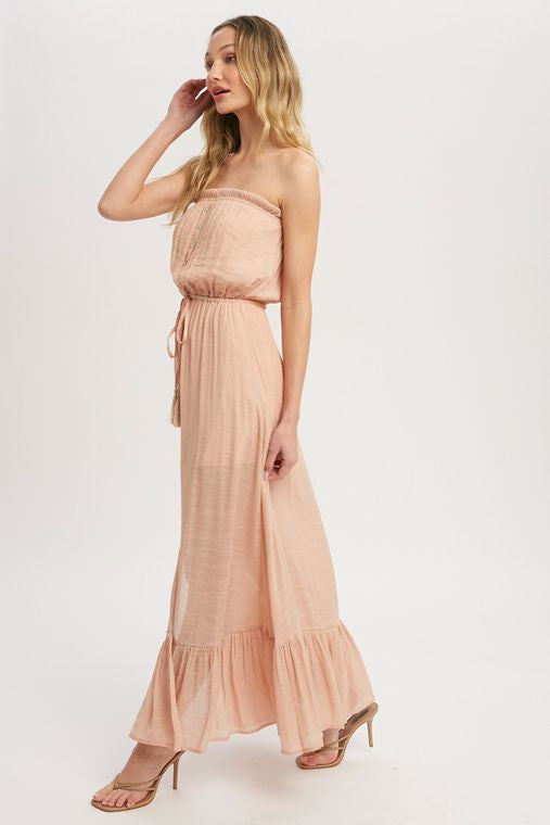 Button Front Tube Maxi Dress- Nude Peach