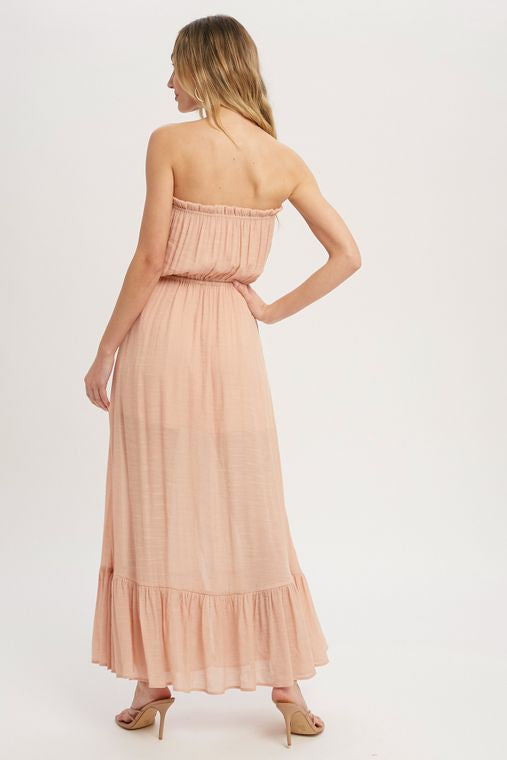 Button Front Tube Maxi Dress- Nude Peach